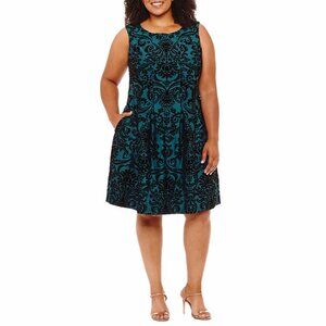 NWT Danny & Nicole Sleeveless Damask Hunter Green Black Velvet Dress Pockets 24W